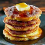 Stack of golden Crunchy Pancakes dusted in cinnamon sugar, topped with pistachios for a Baklava Pancakes flair, served next to a small carafe from a curated Breakfast Drink Recipes pairing, Decadent Breakfast.