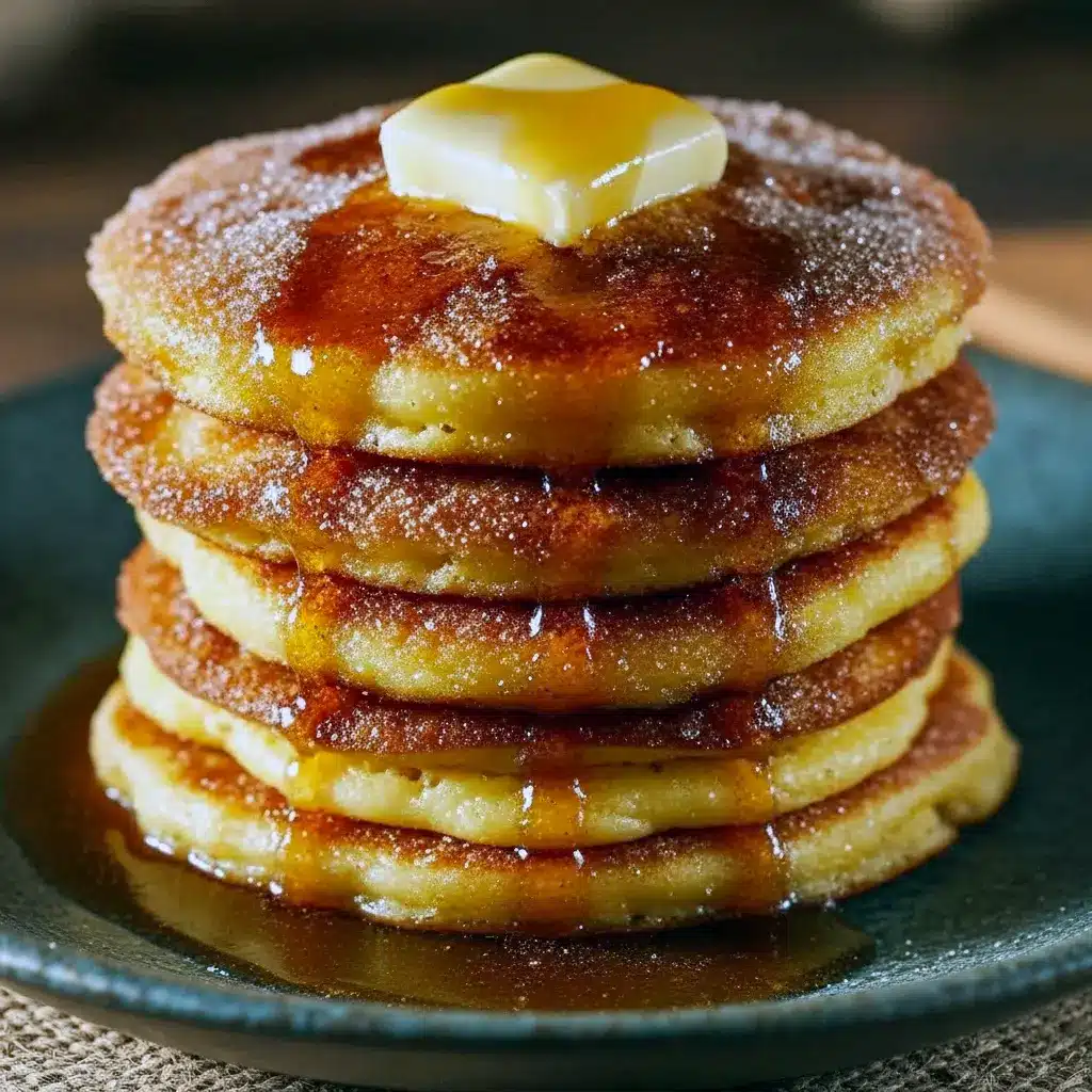 Stack of golden Crunchy Pancakes dusted in cinnamon sugar, topped with pistachios for a Baklava Pancakes flair, served next to a small carafe from a curated Breakfast Drink Recipes pairing, Decadent Breakfast.