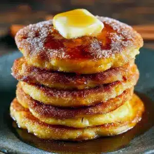 Stack of golden Crunchy Pancakes dusted in cinnamon sugar, topped with pistachios for a Baklava Pancakes flair, served next to a small carafe from a curated Breakfast Drink Recipes pairing, Decadent Breakfast.