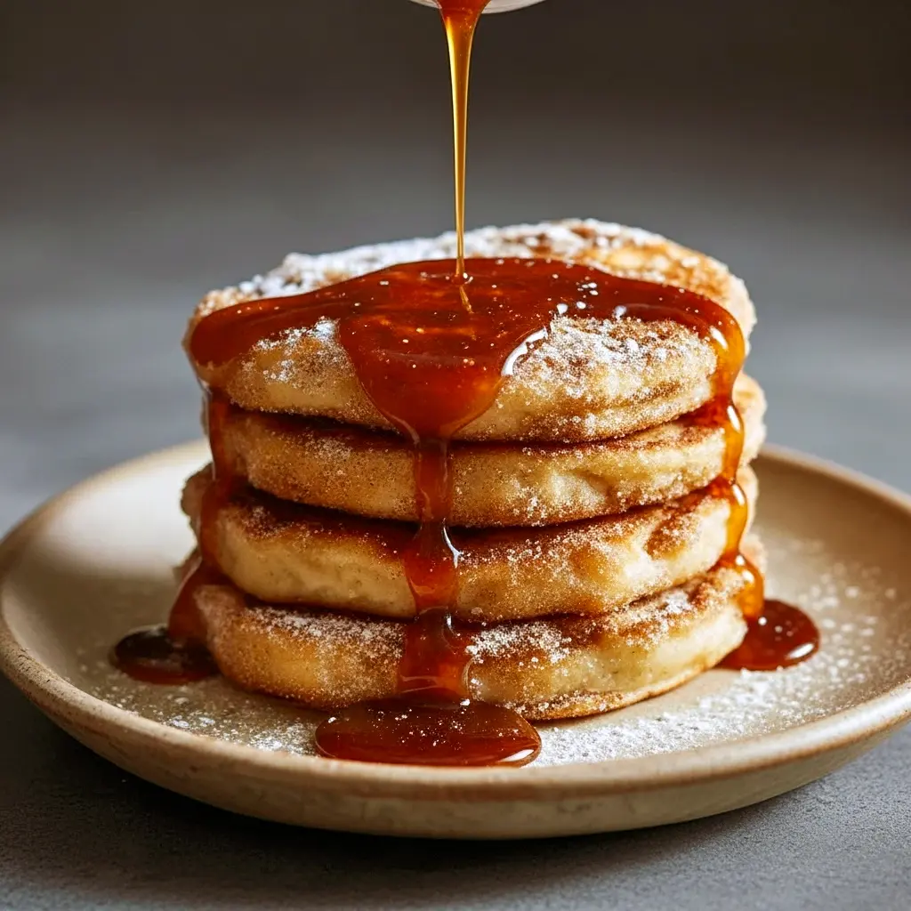 Stack of golden Crunchy Pancakes dusted in cinnamon sugar, topped with pistachios for a Baklava Pancakes flair, served next to a small carafe from a curated Breakfast Drink Recipes pairing, Decadent Breakfast.