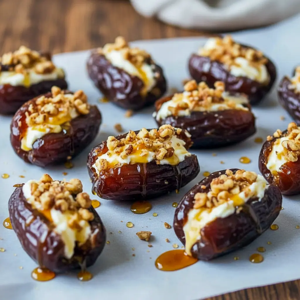 Close-up of warm mascarpone-stuffed dates topped with chopped pecans and maple, styled on a platter as elegant Wine Tasting Snacks and Fall Tapas, evoking caramelized Roasted Stuffed Dates or sparkly Sugared Dates, Date Appetizer Ideas.