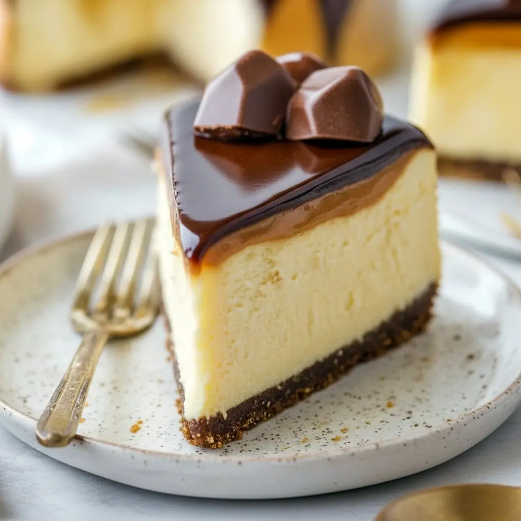A slice of Millionaires Cheesecake showing a Buttery Biscuits-like crust, silky Creamy Cheesecake center, and warm Caramel Sauce dripping over the edge.