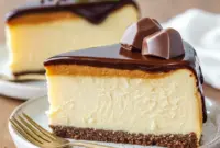 A slice of Millionaires Cheesecake showing a Buttery Biscuits-like crust, silky Creamy Cheesecake center, and warm Caramel Sauce dripping over the edge.