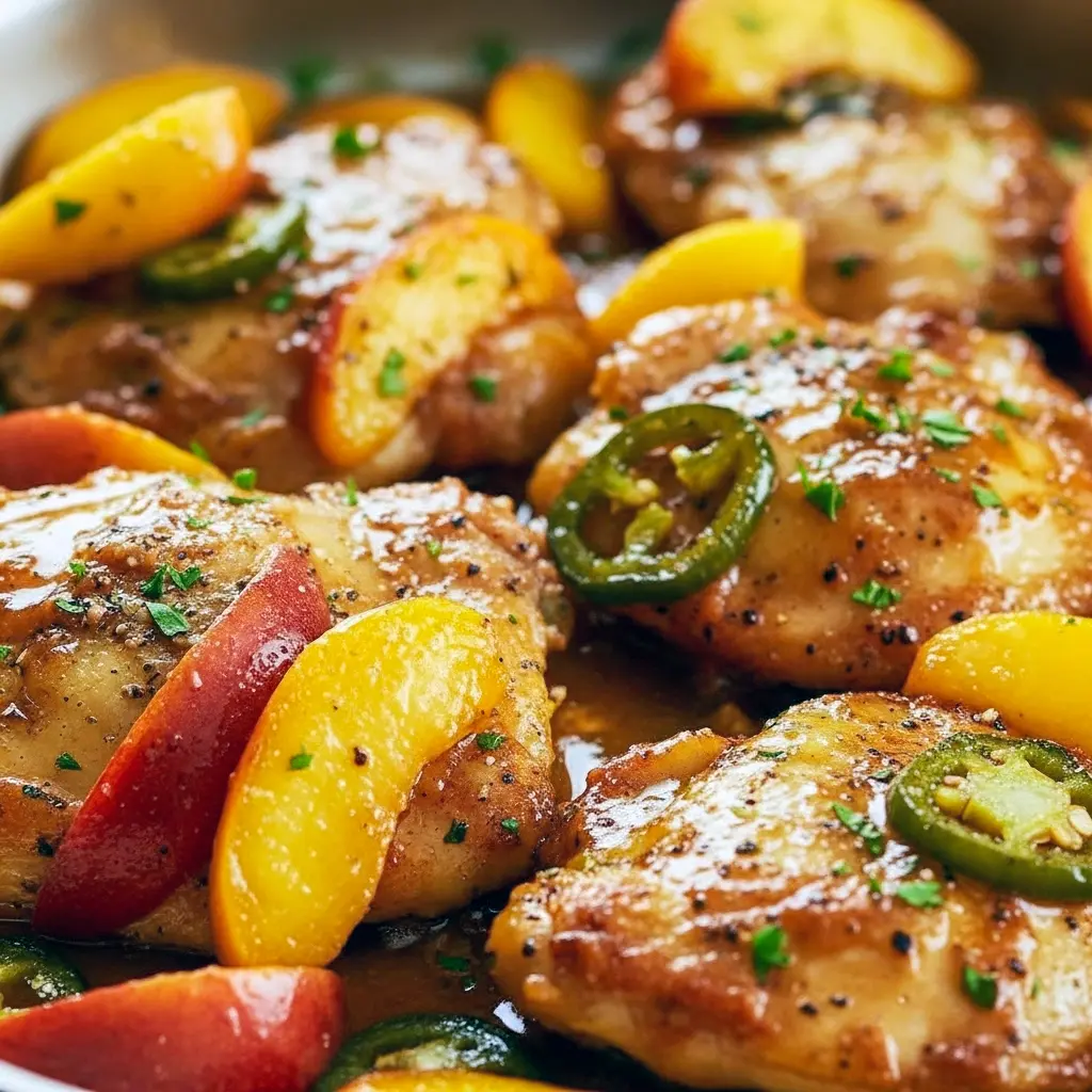 Skillet of glossy peach-glazed chicken thighs topped with sliced jalapeños and fresh peach slices, ready to serve, Spicy Peach Chicken Recipe.