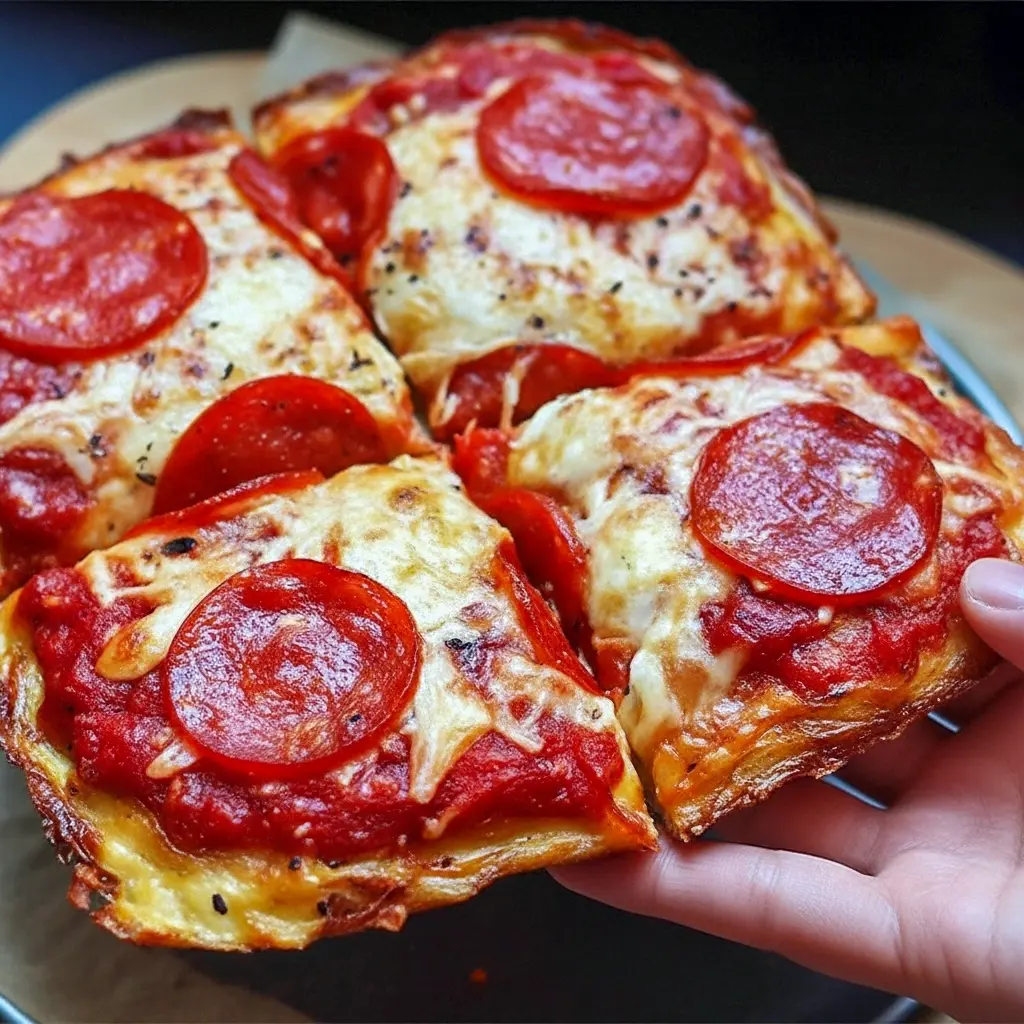Thin cottage cheese flatbread pizza with gooey melted cheese, pepperoni, and fresh basil on a wooden board.