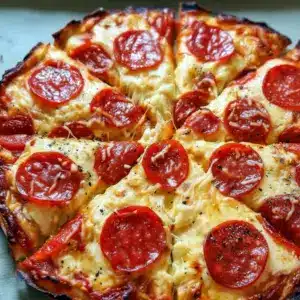 Thin cottage cheese flatbread pizza with gooey melted cheese, pepperoni, and fresh basil on a wooden board.