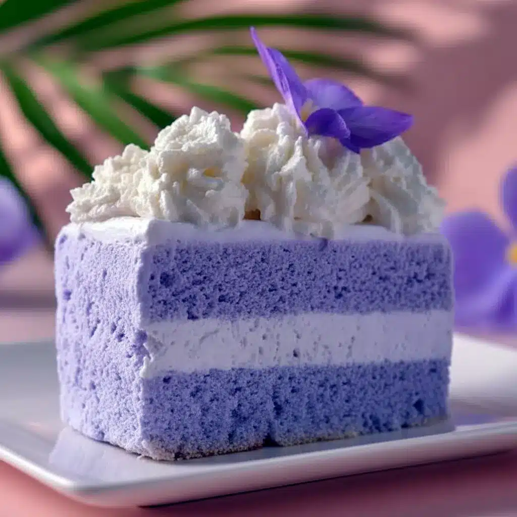 Ube Recipe slice of pastel purple taro-ube chiffon cake with whipped ube topping on a white plate.