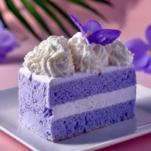 Ube Recipe slice of pastel purple taro-ube chiffon cake with whipped ube topping on a white plate.