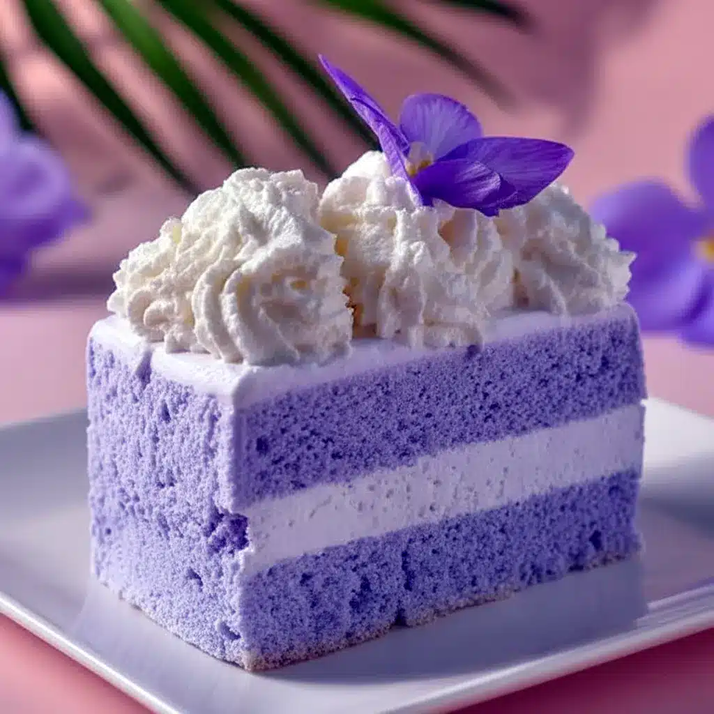 Ube Recipe slice of pastel purple taro-ube chiffon cake with whipped ube topping on a white plate.
