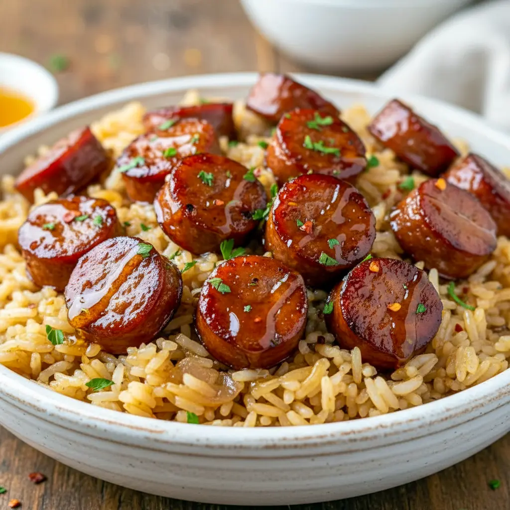 Skillet of sliced Cajun sausage, red and green bell peppers, and golden rice coated in a glossy honey-garlic sauce, garnished with parsley, Cajun Sausage Recipe.