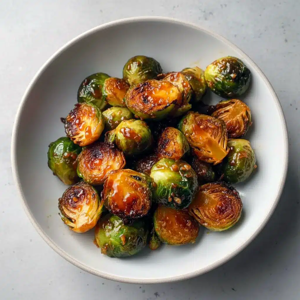 Close-up of Maple Glazed Brussel Sprouts with glossy caramelized edges and orange zest on a rustic serving plate.
