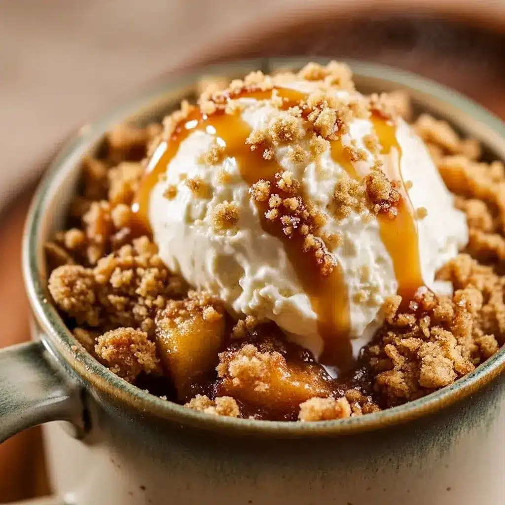 Warm single-serving apple crisp in a mug topped with a golden oat crumble and a light dusting of cinnamon, with a spoon resting beside it, Protein Apple Crisp.