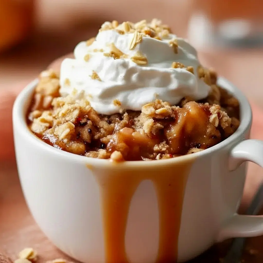 Warm single-serving apple crisp in a mug topped with a golden oat crumble and a light dusting of cinnamon, with a spoon resting beside it, Protein Apple Crisp.