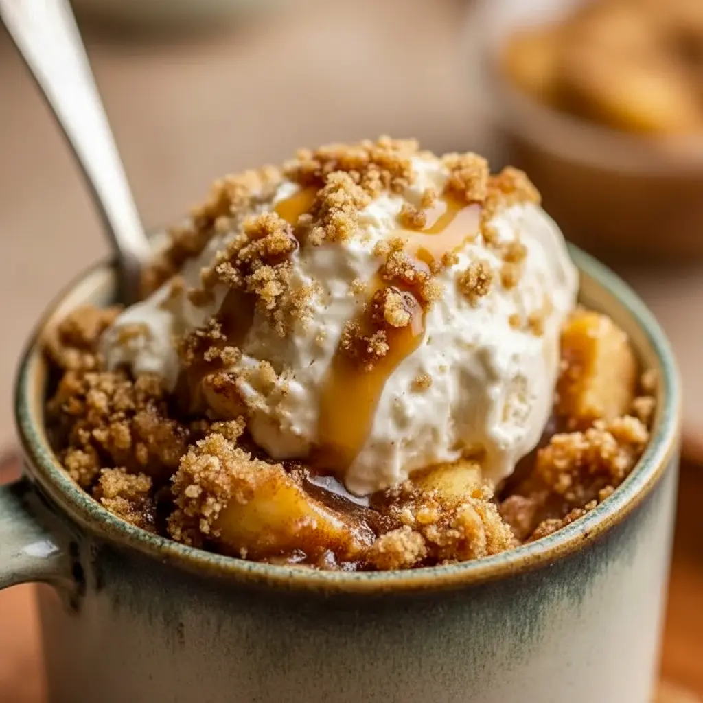 Warm single-serving apple crisp in a mug topped with a golden oat crumble and a light dusting of cinnamon, with a spoon resting beside it, Protein Apple Crisp.