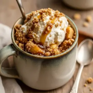 Warm single-serving apple crisp in a mug topped with a golden oat crumble and a light dusting of cinnamon, with a spoon resting beside it, Protein Apple Crisp.