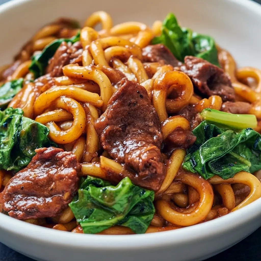 Close-up of black pepper beef udon: glossy noodles with sliced beef, onions, and cabbage coated in a dark pepper sauce, topped with chopped green onions, Asian Recipes.