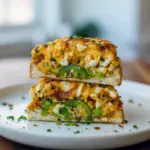 Golden-brown egg salad cakes stacked on toasted sourdough with mashed avocado and jalapeño slices, skillet in the background, Crispy Egg Salad.