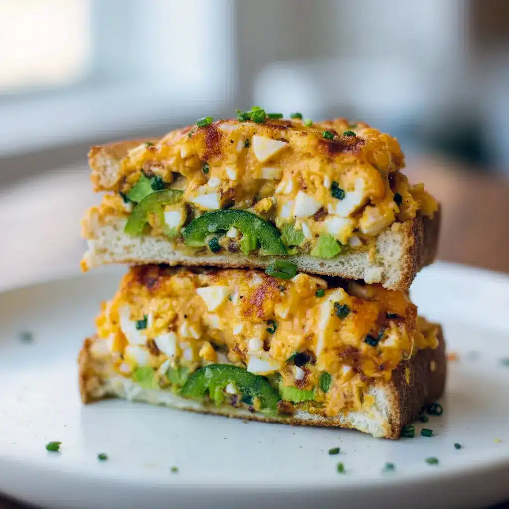 Golden-brown egg salad cakes stacked on toasted sourdough with mashed avocado and jalapeño slices, skillet in the background, Crispy Egg Salad.