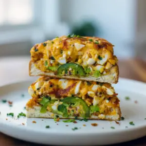 Golden-brown egg salad cakes stacked on toasted sourdough with mashed avocado and jalapeño slices, skillet in the background, Crispy Egg Salad.