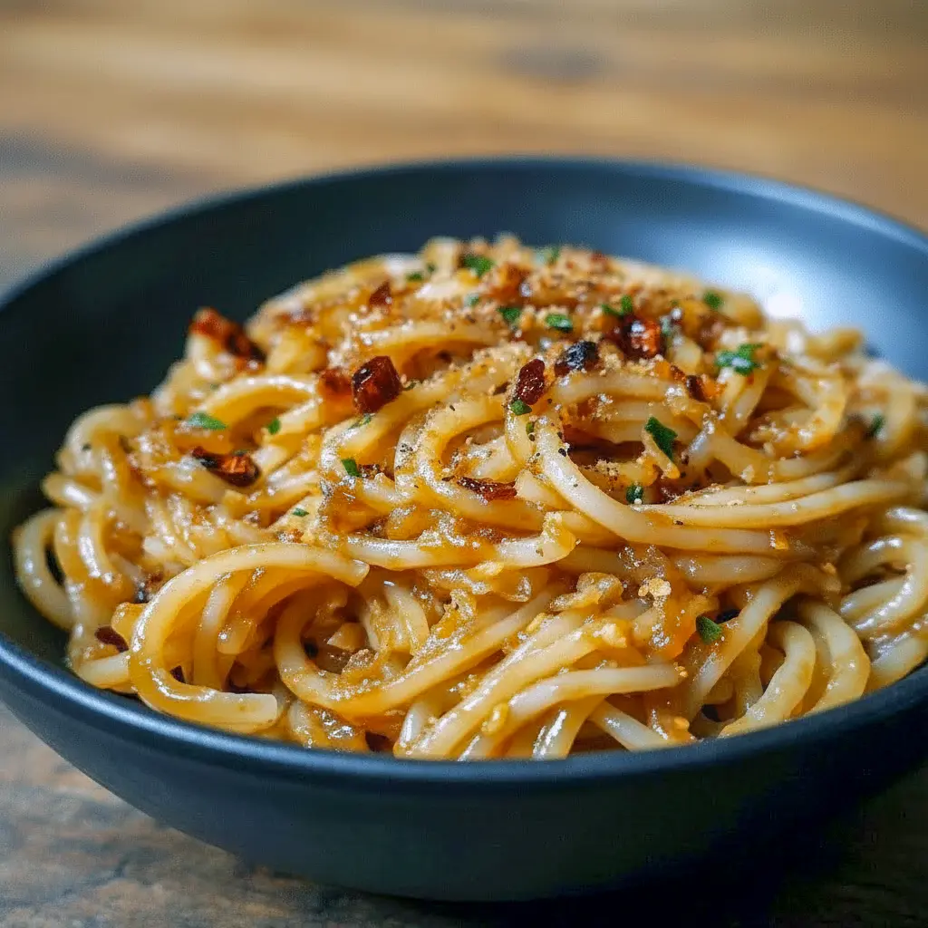 Close-up of spaghetti tossed with jammy onions and chili oil, sprinkled with Parmesan and herbs — a Vegetarische Rezepte-friendly plate that begs “Bon Appétit.” Styled for cozy Italian Recipes boards and tagged as an easy Pasta Recipes pick, Pasta Dinner Recipes.