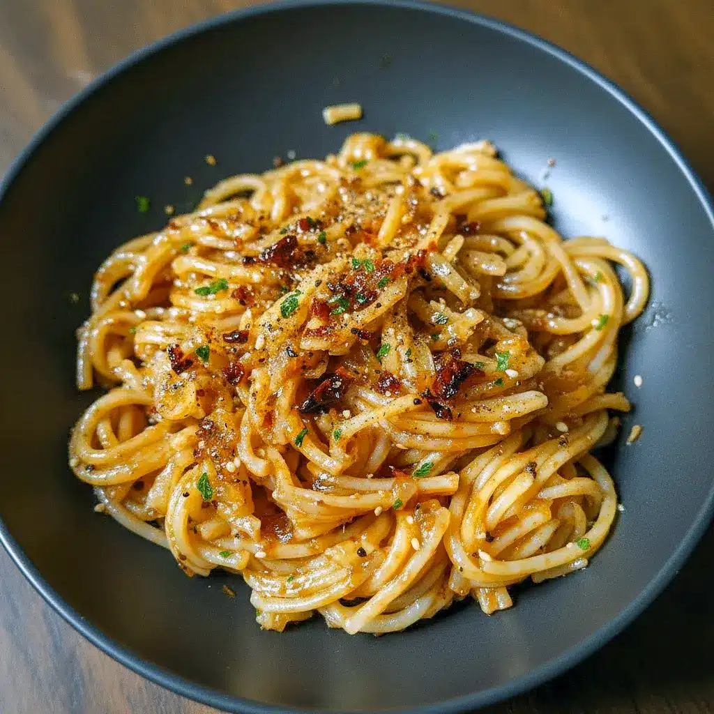Close-up of spaghetti tossed with jammy onions and chili oil, sprinkled with Parmesan and herbs — a Vegetarische Rezepte-friendly plate that begs “Bon Appétit.” Styled for cozy Italian Recipes boards and tagged as an easy Pasta Recipes pick, Pasta Dinner Recipes.