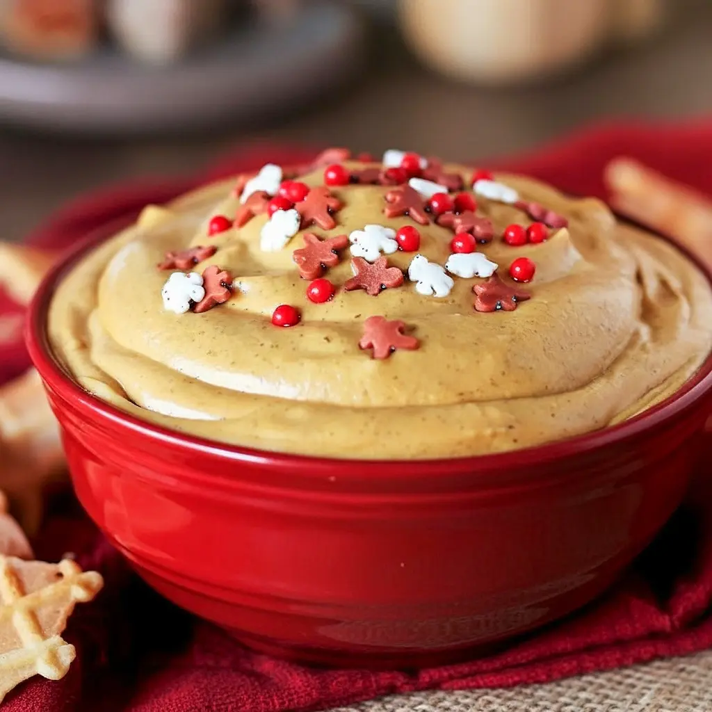Bowl of creamy gingerbread dip topped with festive sprinkles, surrounded by mini Nilla wafers and graham crackers on a wooden board, Winter Dip Recipes.