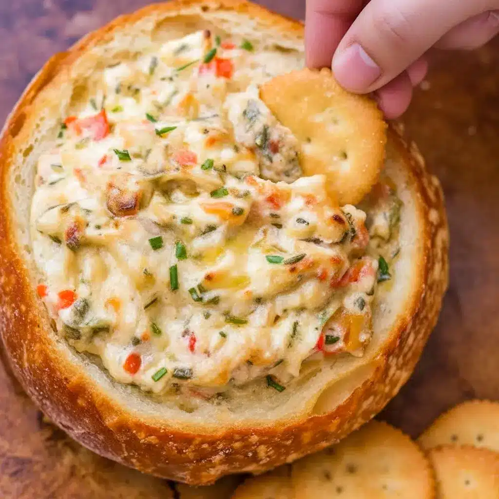 Bubbly spicy shrimp dip baked in a hollowed sourdough loaf, golden top with visible red pepper and chives, toasted baguette slices arranged beside it, Spicy Louisiana Shrimp Dip.