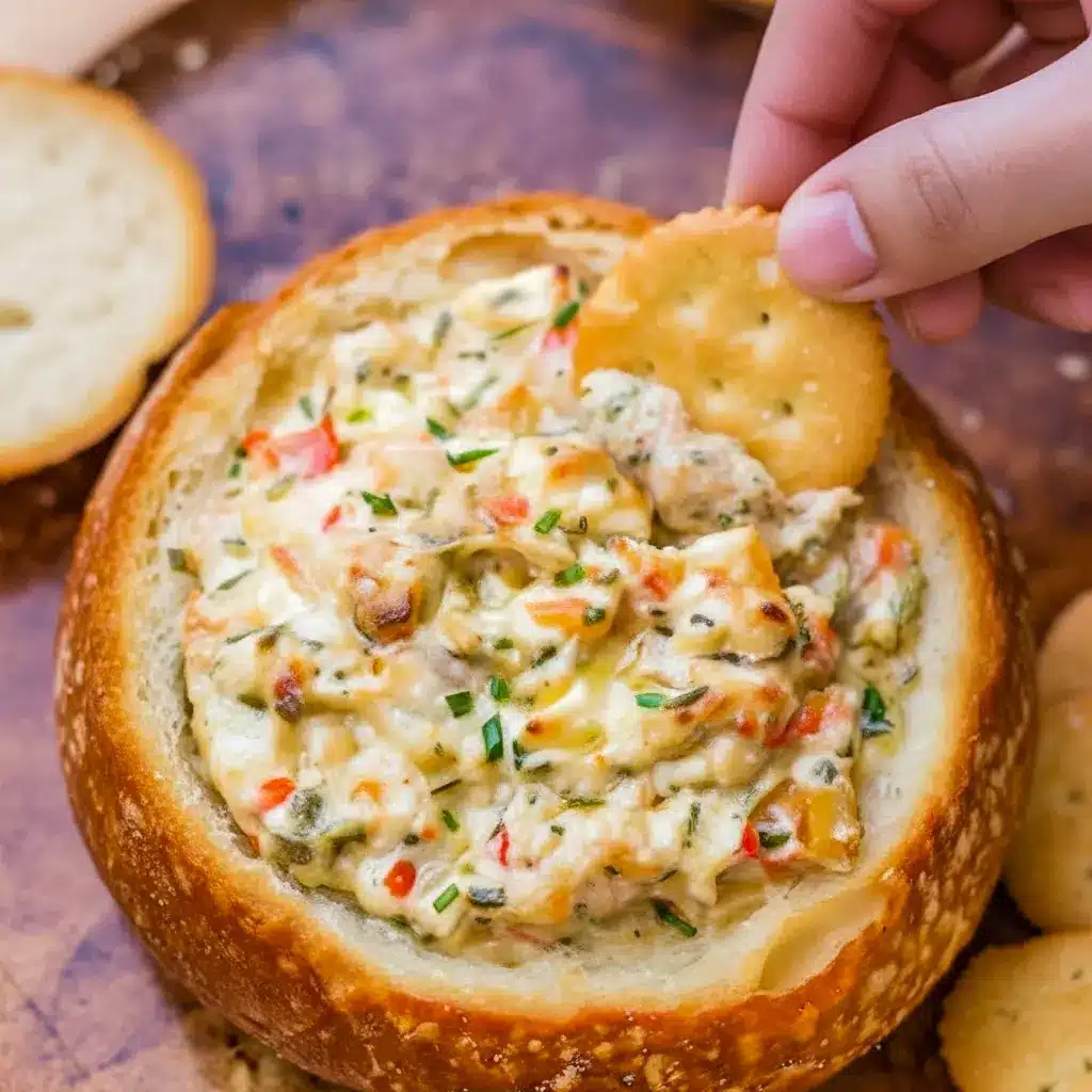 Bubbly spicy shrimp dip baked in a hollowed sourdough loaf, golden top with visible red pepper and chives, toasted baguette slices arranged beside it, Spicy Louisiana Shrimp Dip.