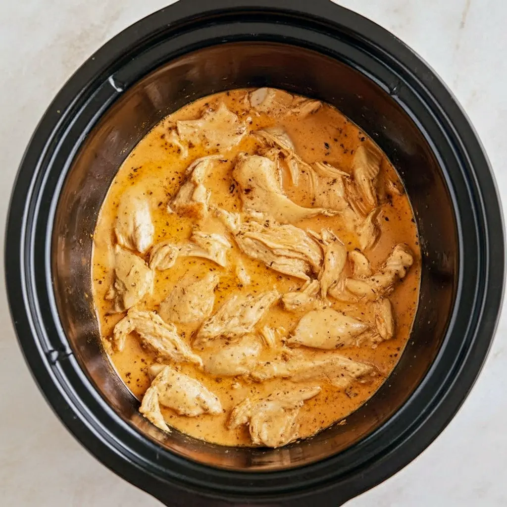 Close-up of shredded Crockpot Honey Mustard Chicken glazed in a golden honey-mustard sauce, garnished with parsley — a perfect example of Mustard Chicken Slow Cooker comfort food.