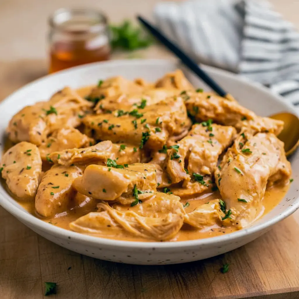 Close-up of shredded Crockpot Honey Mustard Chicken glazed in a golden honey-mustard sauce, garnished with parsley — a perfect example of Mustard Chicken Slow Cooker comfort food.