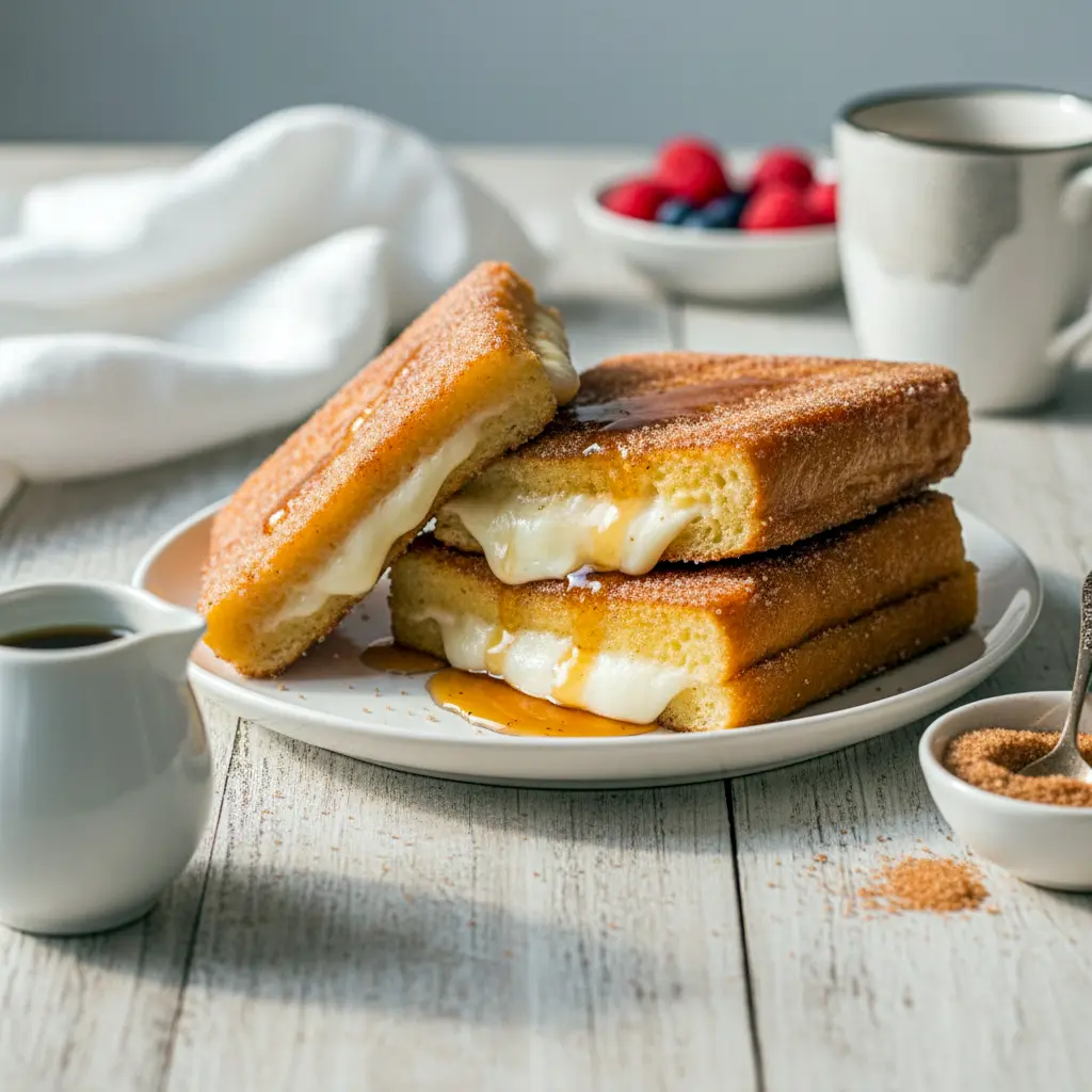 Close-up of golden Toast Recipes — churro-stuffed French toast coated in cinnamon sugar with a drizzle of syrup; a perfect Baked Dessert Recipes-style brunch treat.