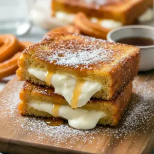 Close-up of golden Toast Recipes — churro-stuffed French toast coated in cinnamon sugar with a drizzle of syrup; a perfect Baked Dessert Recipes-style brunch treat.