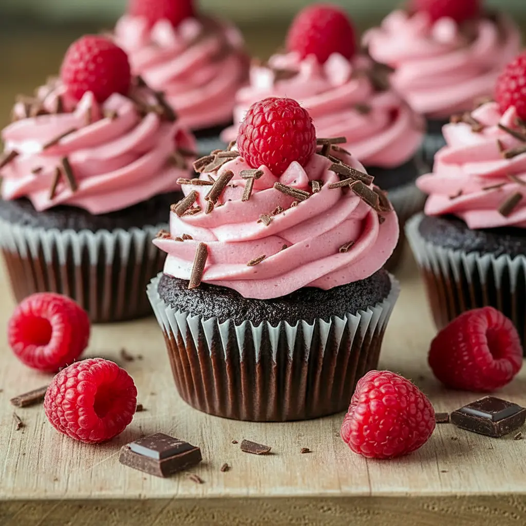 Close-up of Chocolate Lava Cupcakes split open to show a molten raspberry center, piped raspberry buttercream, fresh raspberry, and dark chocolate shavings on top.