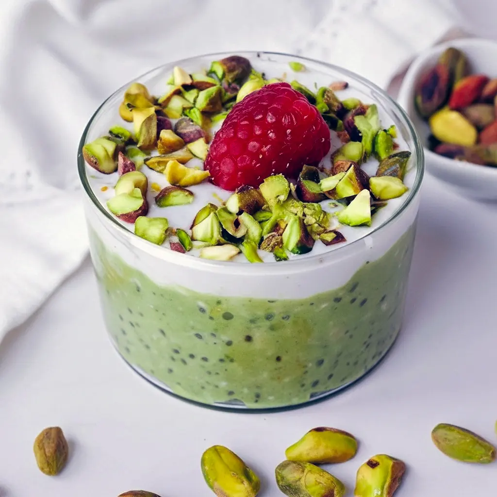 Jar of Raspberry Pistachio Overnight Oats layered with dairy-free yogurt, fresh raspberries, and chopped pistachios — a portable Overnight Oats Plant Based breakfast.