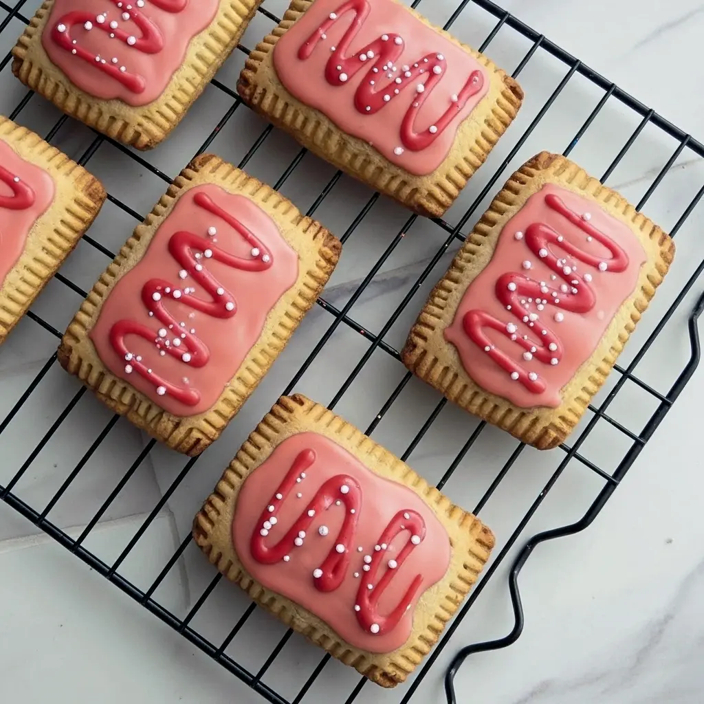 Two glazed High Protein Gluten Free raspberry protein pop tarts on parchment paper, one split open to show the jammy chia-collagen filling.