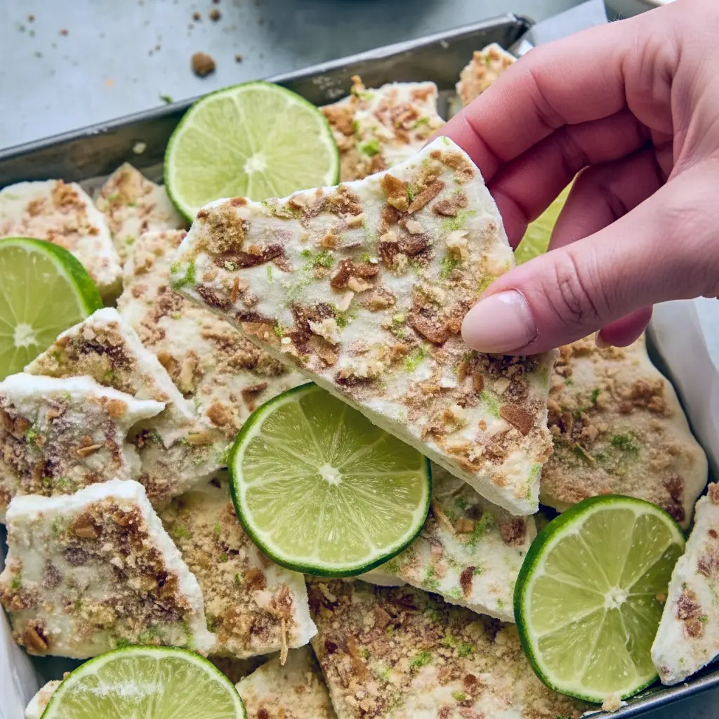 Protein Summer Recipes — frozen key lime yogurt bark pieces on parchment, topped with crushed graham crackers and toasted coconut, ready to grab from the freezer.