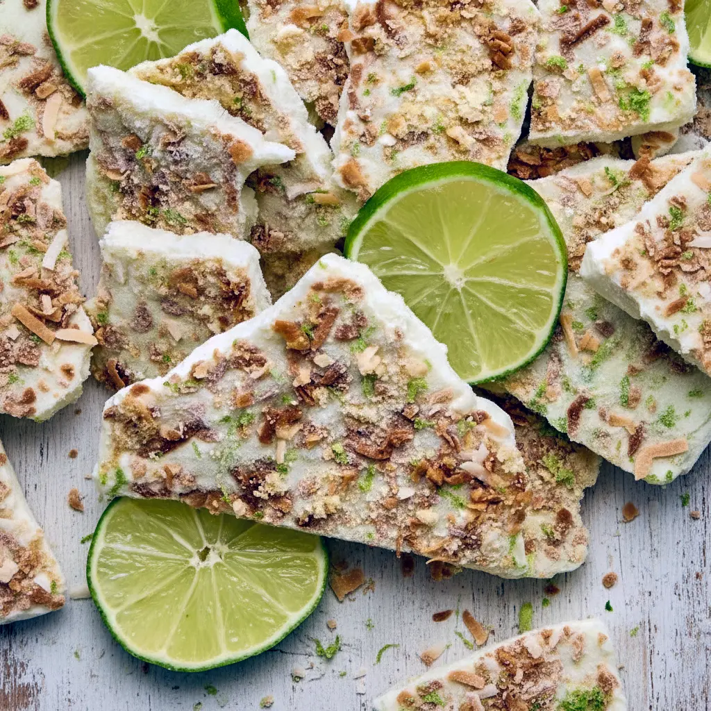 Protein Summer Recipes — frozen key lime yogurt bark pieces on parchment, topped with crushed graham crackers and toasted coconut, ready to grab from the freezer.