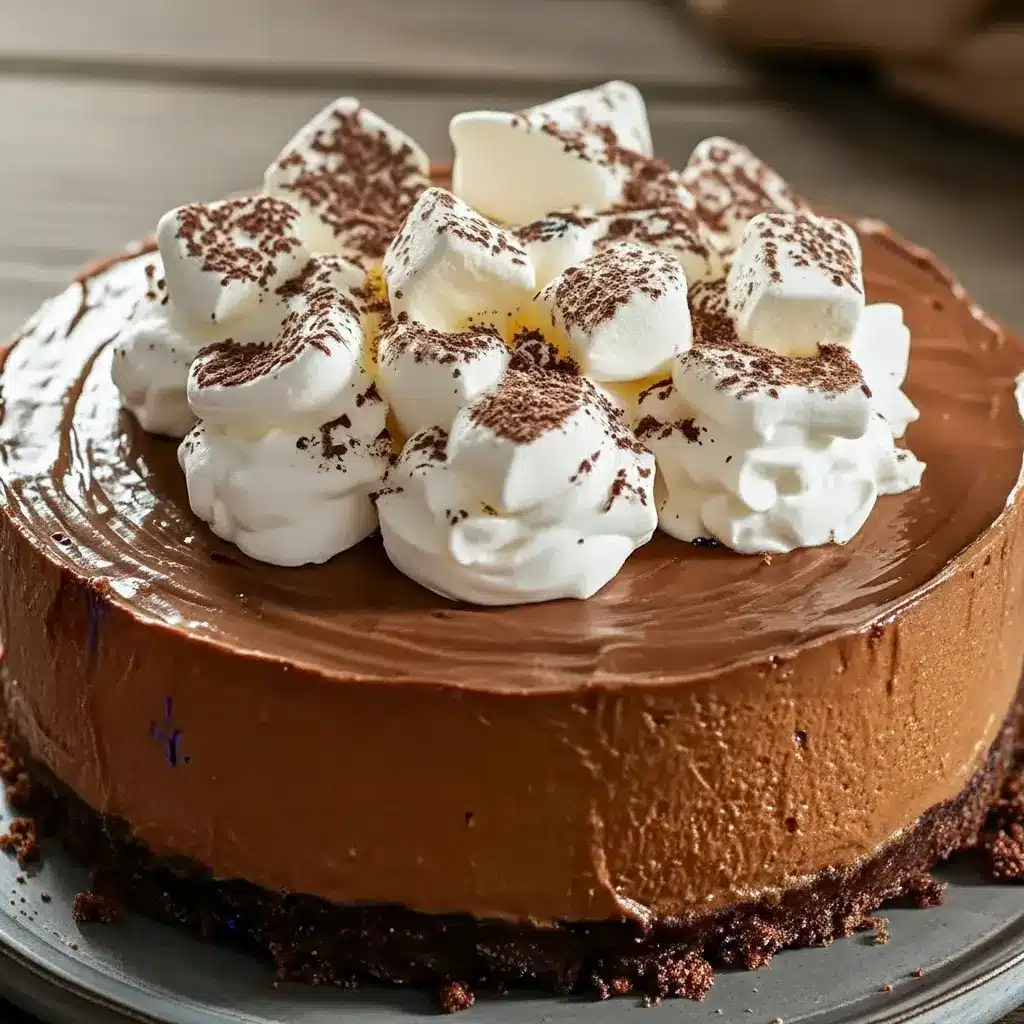 Slice of hot cocoa cheesecake topped with marshmallow whipped cream, chocolate shavings, and a dusting of cocoa on a festive serving plate.