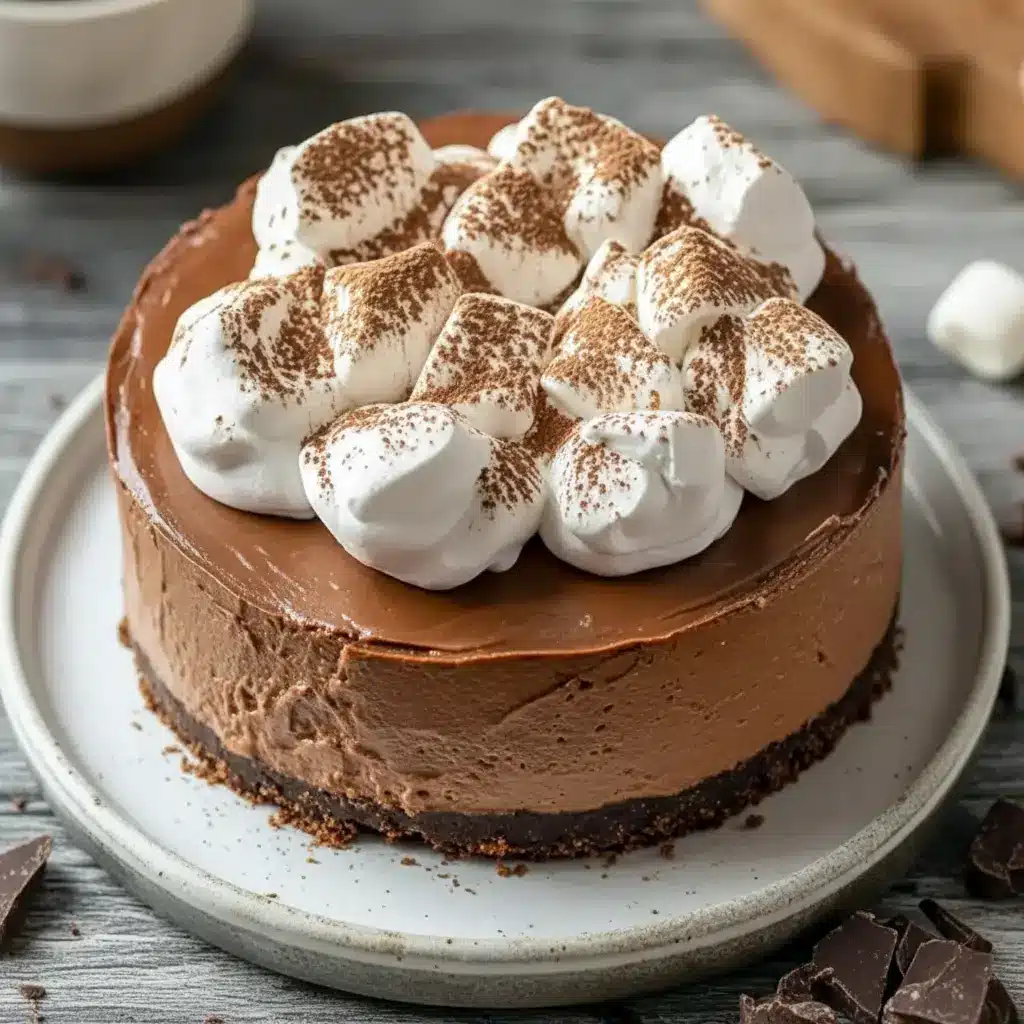 Slice of hot cocoa cheesecake topped with marshmallow whipped cream, chocolate shavings, and a dusting of cocoa on a festive serving plate.