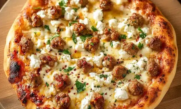 Close-up of a Specialty Pizza slice topped with crumbled feta, browned Italian sausage, thin red onions and a honey drizzle — a gourmet Fancy Pizza Toppings combo.