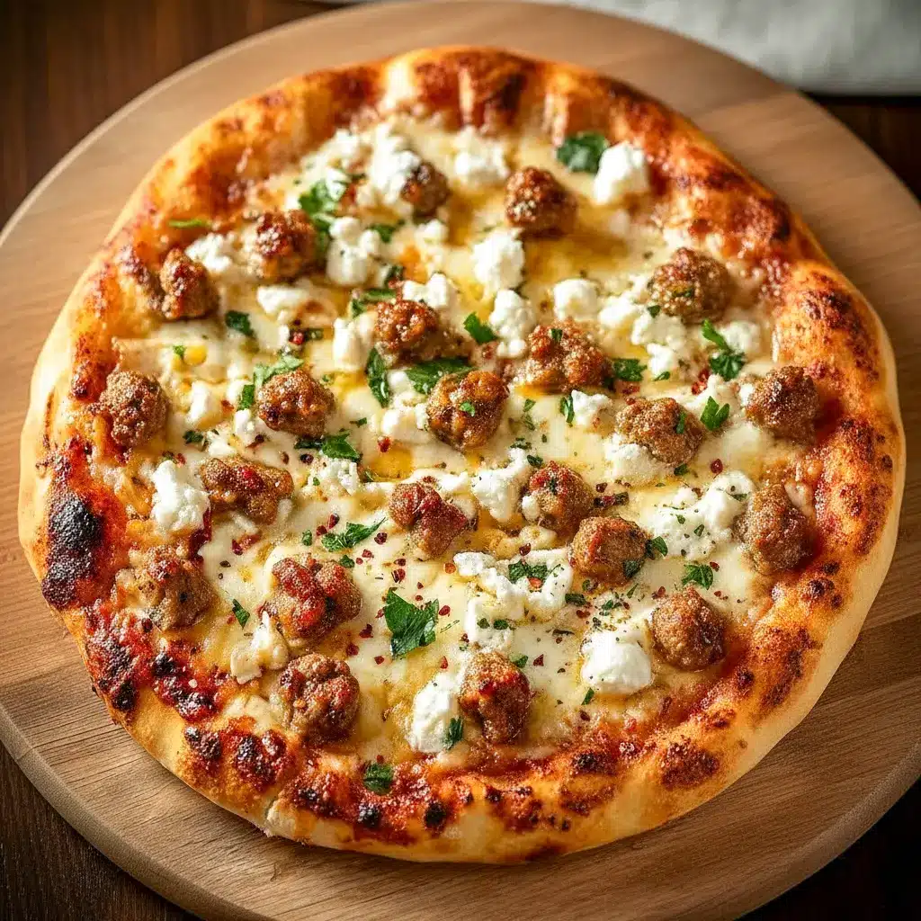 Close-up of a Specialty Pizza slice topped with crumbled feta, browned Italian sausage, thin red onions and a honey drizzle — a gourmet Fancy Pizza Toppings combo.