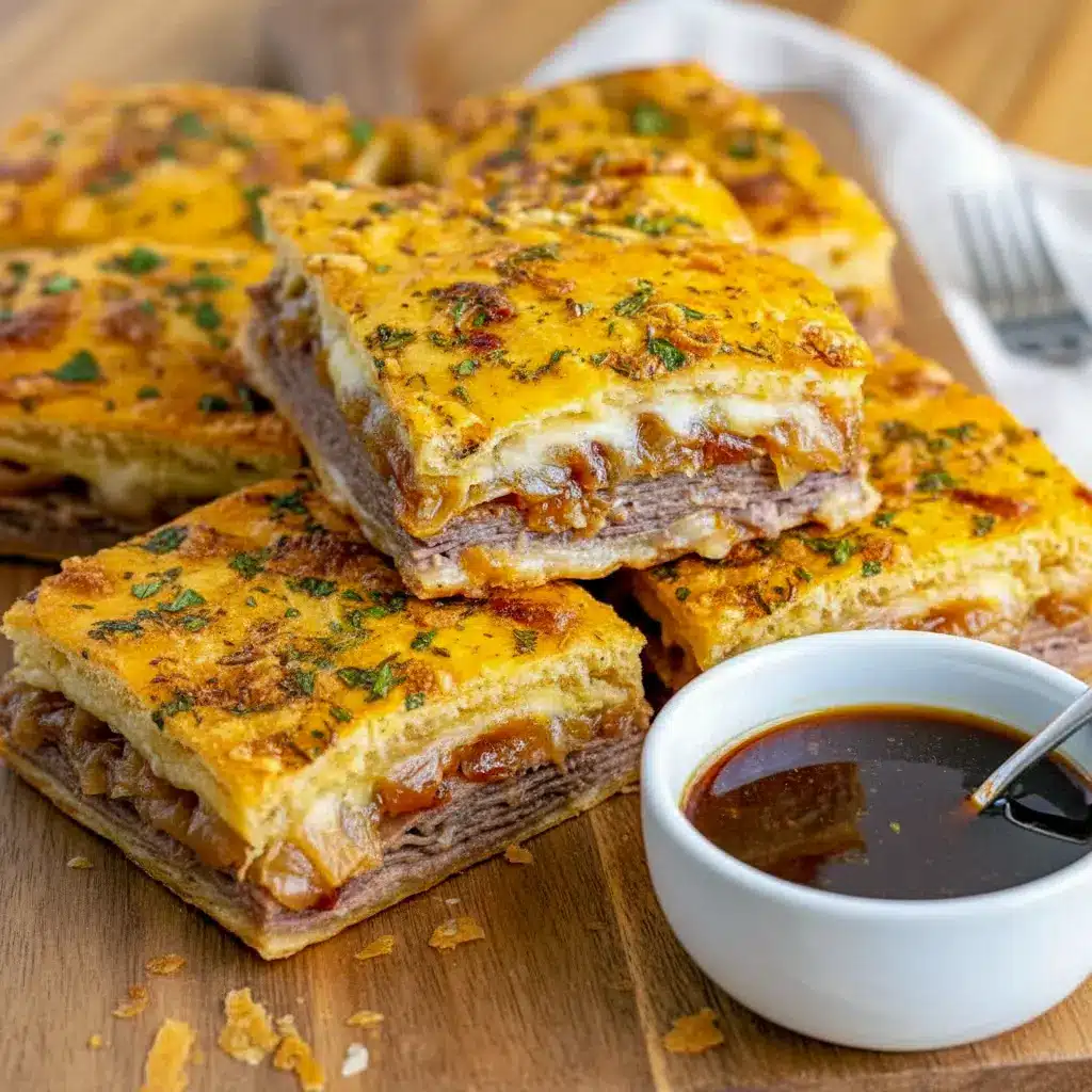 Stacked golden French Dip Squares on a white plate with melted cheese and caramelized onions, a small bowl of steaming au jus for dipping in the background, Holiday Dinner Inspiration.