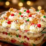 Close-up of a no-bake cookie lasagna in an 8×8 dish layered with crushed holiday cookies, creamy cheesecake filling, vanilla pudding, and whipped topping, garnished with crushed cookies and festive sprinkles, Holiday Cooking.