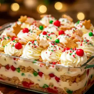 Close-up of a no-bake cookie lasagna in an 8×8 dish layered with crushed holiday cookies, creamy cheesecake filling, vanilla pudding, and whipped topping, garnished with crushed cookies and festive sprinkles, Holiday Cooking.