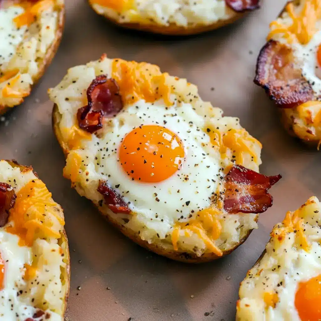 Close-up of twice-baked russet potato halves filled with creamy mashed potato, melted cheddar, crispy bacon, and a soft-baked egg, garnished with chopped chives, Breakfast To Impress.