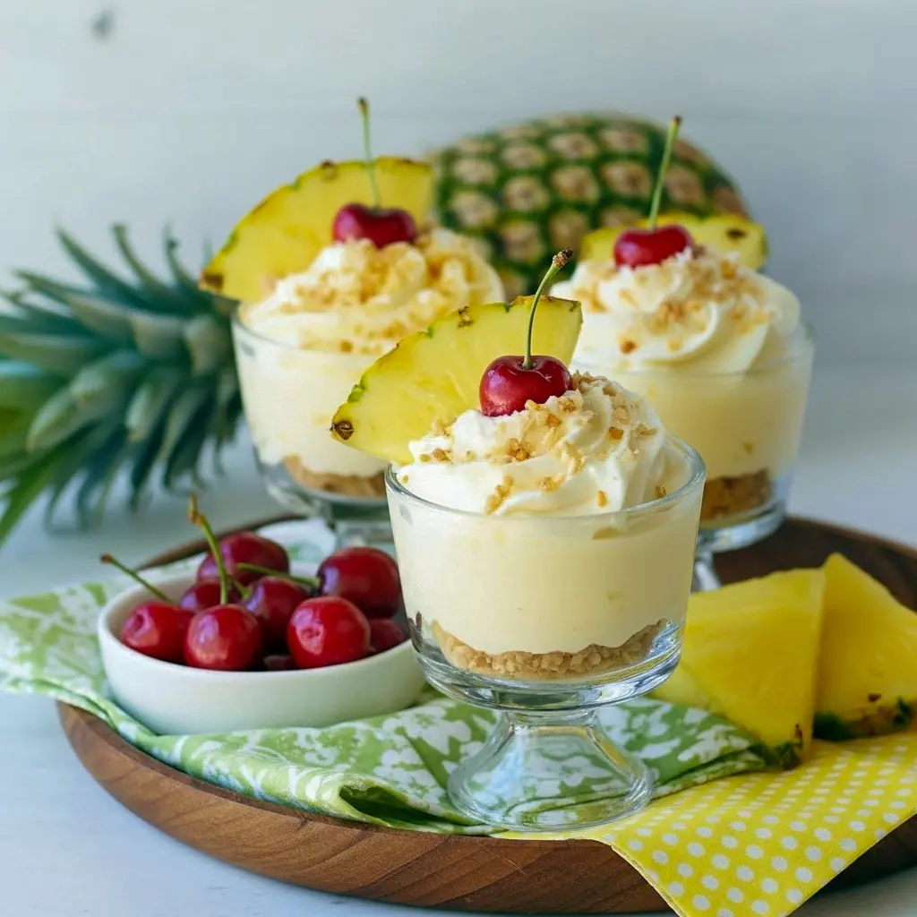 Glass of pina colada cheesecake mousse with toasted coconut crumble, whipped cream, pineapple slice and cherry garnish on a tropical napkin, Easy Tropical Desserts.