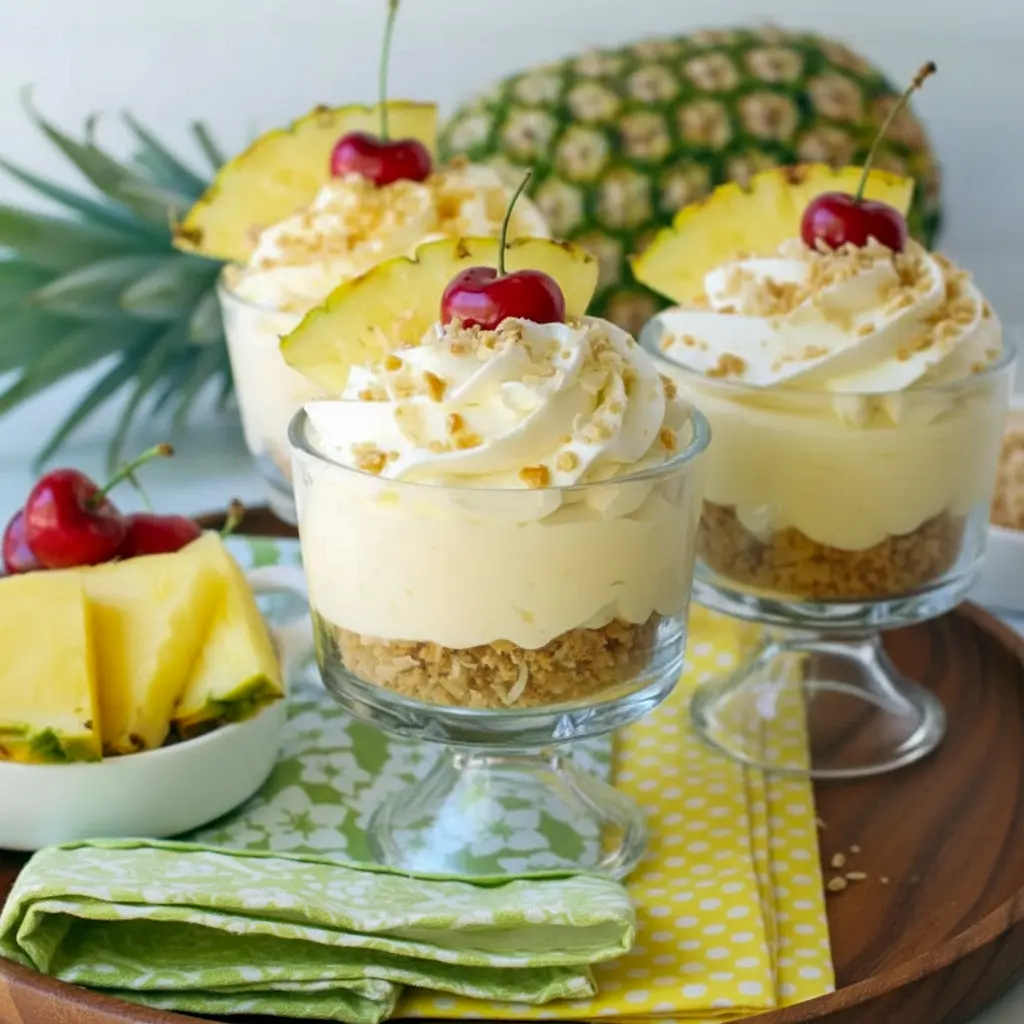Glass of pina colada cheesecake mousse with toasted coconut crumble, whipped cream, pineapple slice and cherry garnish on a tropical napkin, Easy Tropical Desserts.