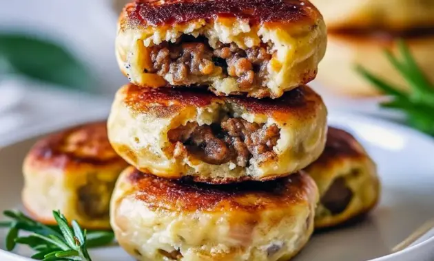 Easy Breakfast With Sausage — golden Sausage Pancake Muffins in a muffin tin, studded with browned sausage pieces and ready to pop into a lunchbox.