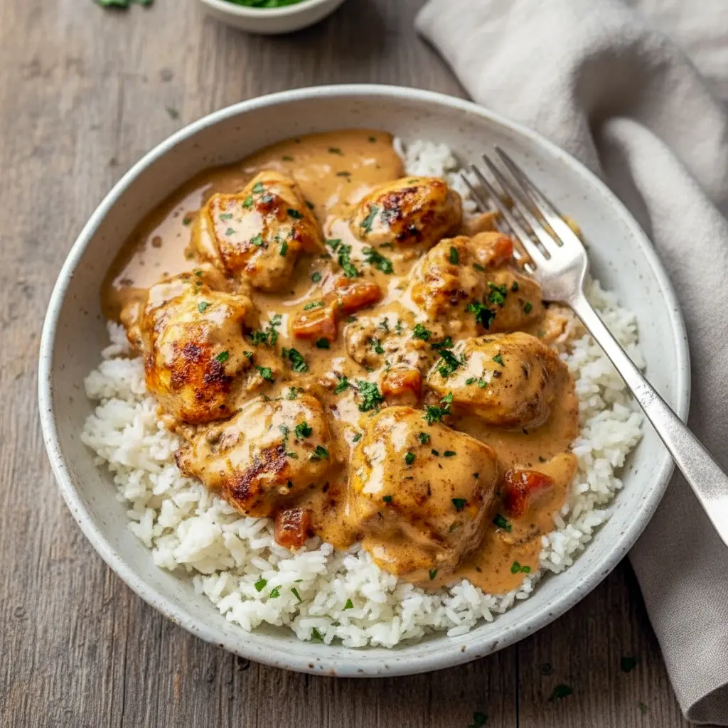 Smothered Chicken And Rice Dinner — close-up of golden chicken thighs nestled in a creamy mushroom-onion gravy over fluffy rice, garnished with chopped parsley (Homestyle Chicken And Rice Casserole).