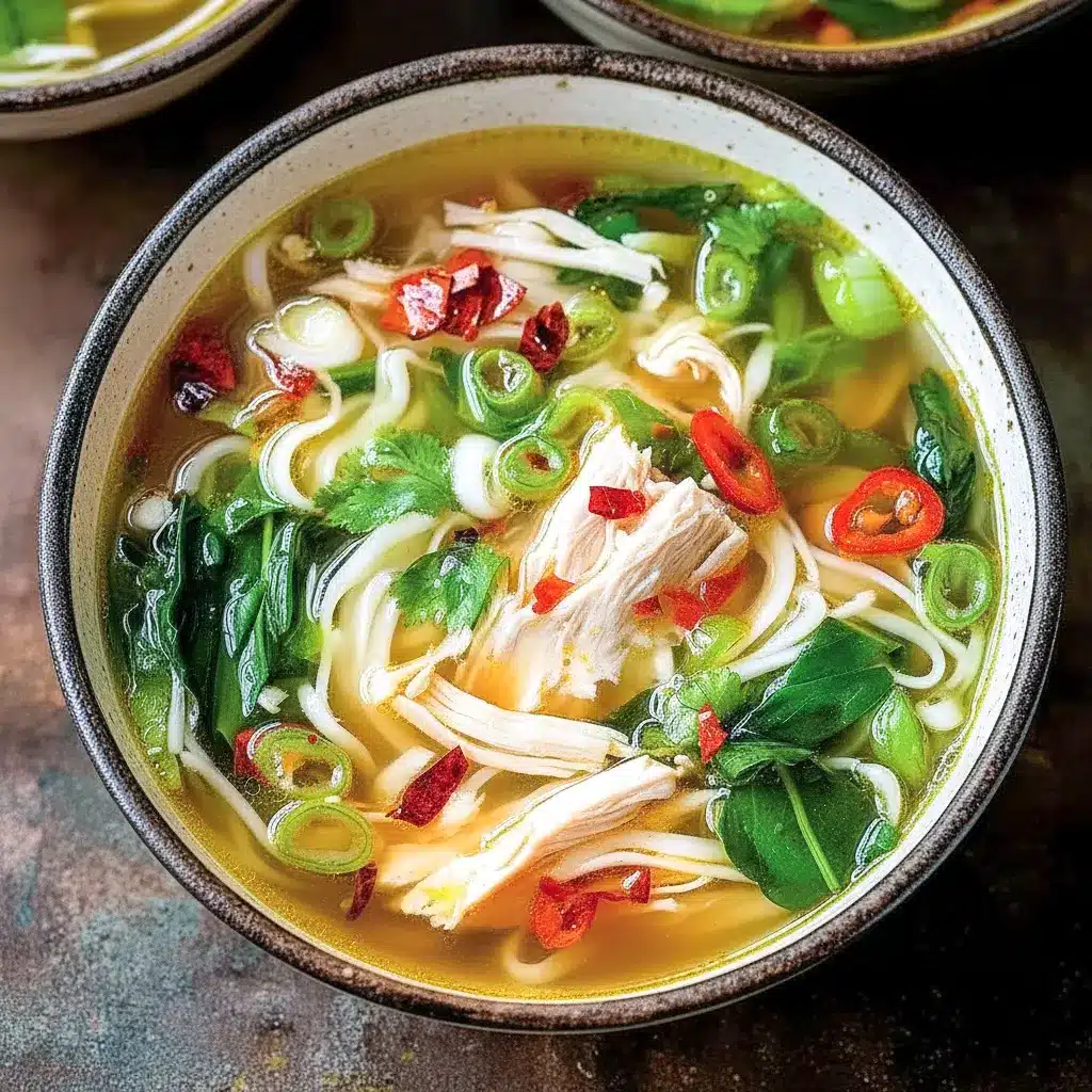 Steaming bowl of ginger-garlic chicken noodle soup with sliced chicken, carrots, bok choy, noodles, and chopped green onions, Very Easy Soup Recipe.